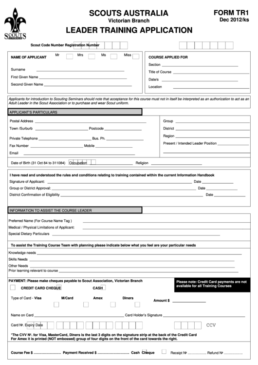 Fillable Form Tr1 - Leader Training Application - Scouts Australia Printable pdf