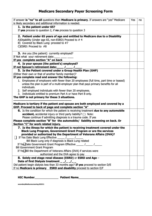 Medicare Secondary Payer Screening Form Printable Pdf Download