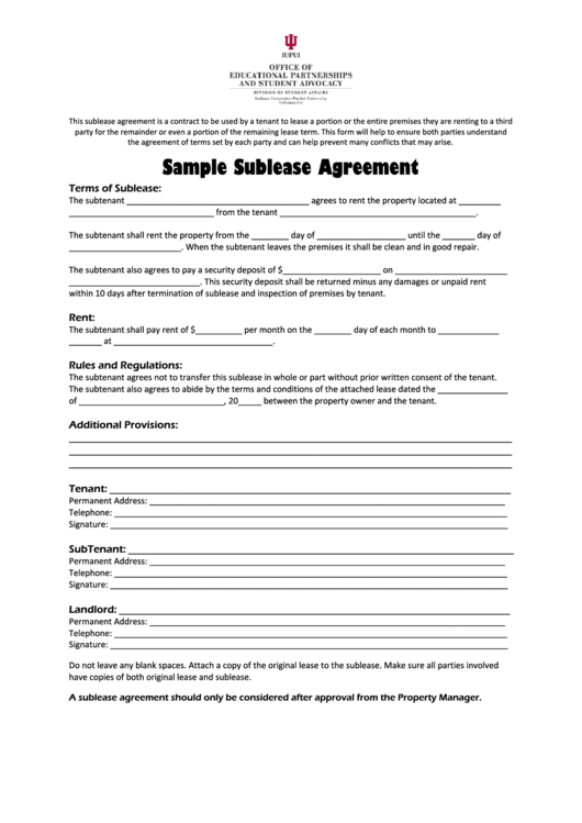 Sample Sublease Agreement Template - Indiana Printable pdf