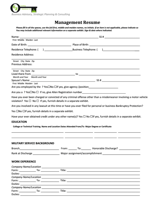 Management Resume Template Printable pdf