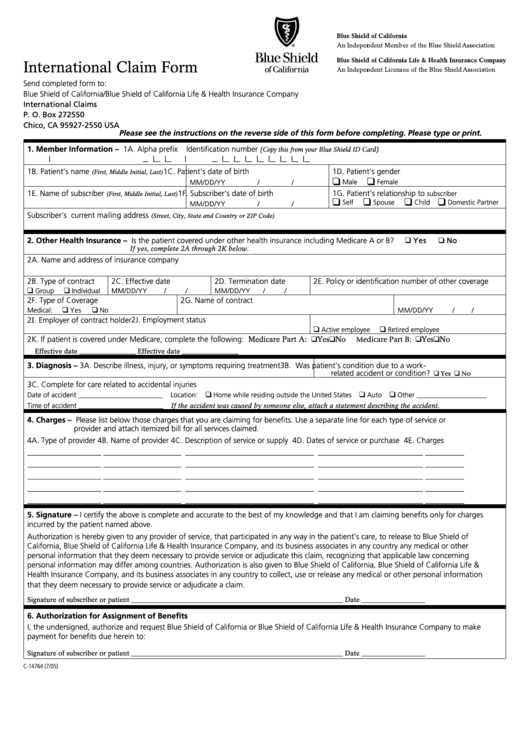 Form C-14764 - International Claim Form - Blue Shield Of California Printable pdf
