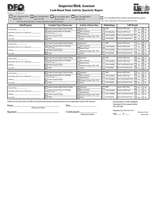 Inspector/risk Assessor - Lead-Based Activity Quarterly Report Form - Oklahoma Department Of Environmental Quality Printable pdf