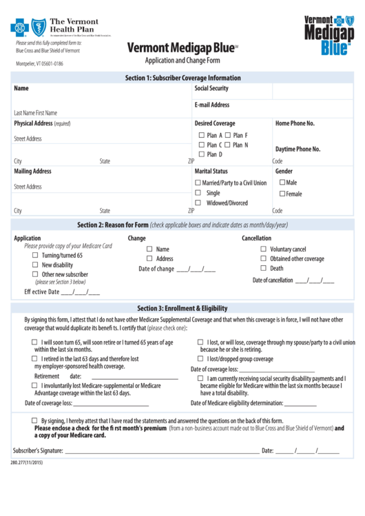 Fillable Form 280.277 - Bcbs Vermont Medigap Blue Application And Change Form Printable pdf