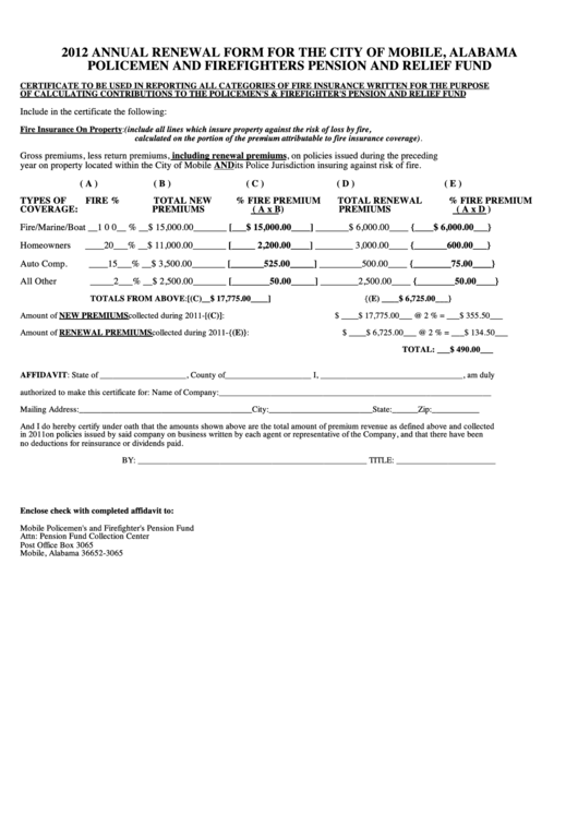 Policemen And Firefighters Pension And Relief Fund Annual Renewal Form - Cityy Of Mobile, Alabama Printable pdf