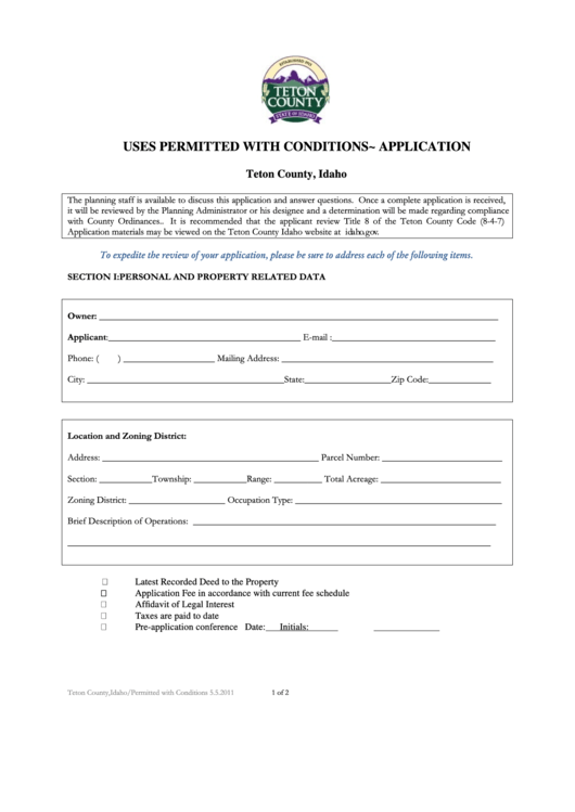 Permitted With Conditions Application Form - Teton County, Idaho Printable pdf
