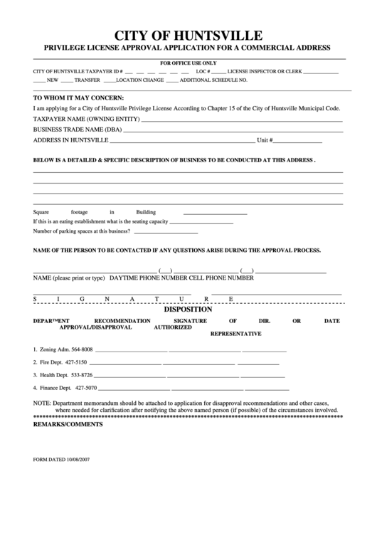 Privilege License Approval Application For A Commercial Address Form - City Of Huntsville Printable pdf