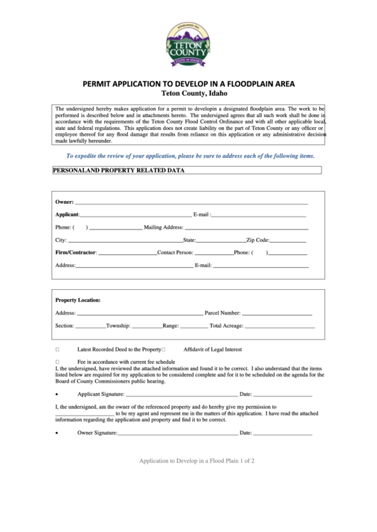 Application To Develop In A Floodplain Area Form - Teton County Printable pdf