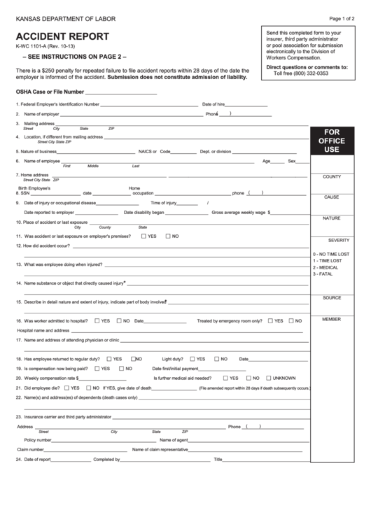Fillable Accident Report Form - Kansas Department Of Labor -2013 Printable pdf