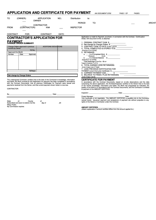 Aia Form G702 - Application And Certificate For Payment
