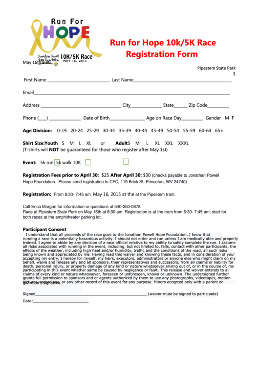 Run For Hope 10k/5k Race Registration Form Printable pdf