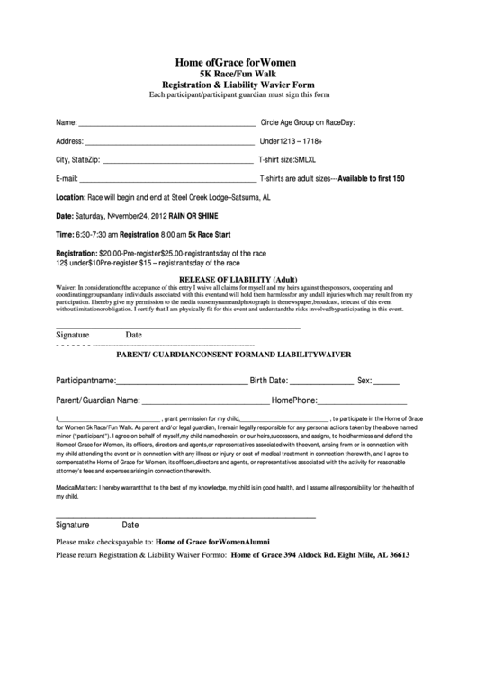 5k Registration Form - Home Of Grace For Women Printable pdf