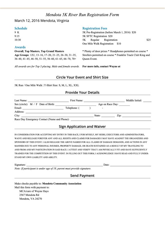 Mendota 5k River Run Registration Form Printable pdf