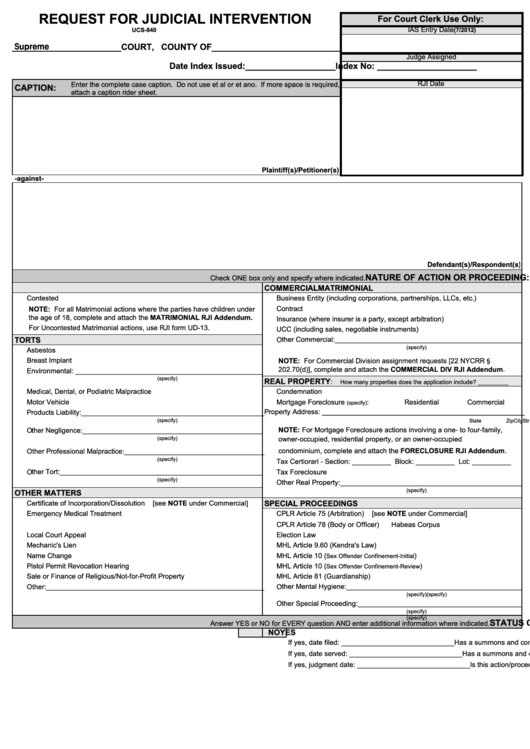 Fillable Form Ucs-840 - Request For Judicial Intervention Printable pdf