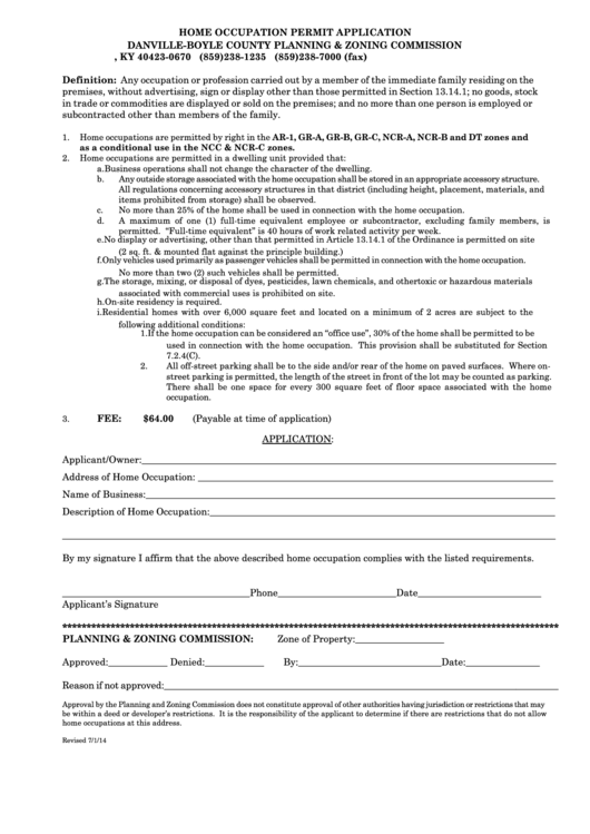 Home Occupation Permit Application Form - Danville-Boyle County Printable pdf