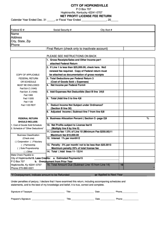 Net Profit License Fee Return Form - City Of Hopkinsville Printable pdf