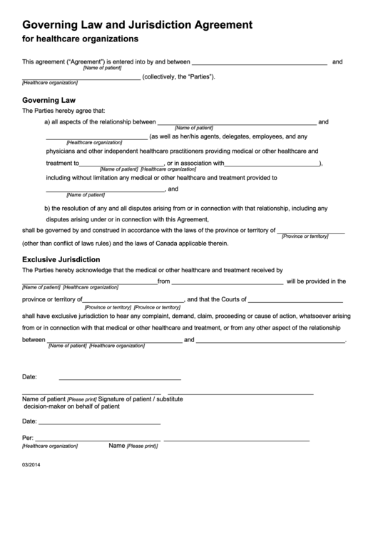 Fillable Governing Law And Jurisdiction Agreement For Healthcare Organizations Template Printable pdf