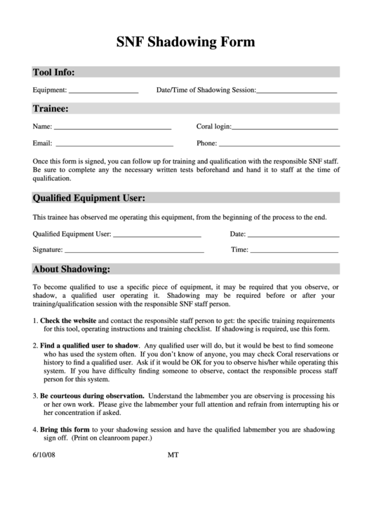 Shadowing Form Printable pdf