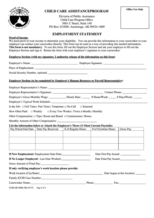 Form Cc36 - Employment Statement - Child Care Assistance Program Printable pdf