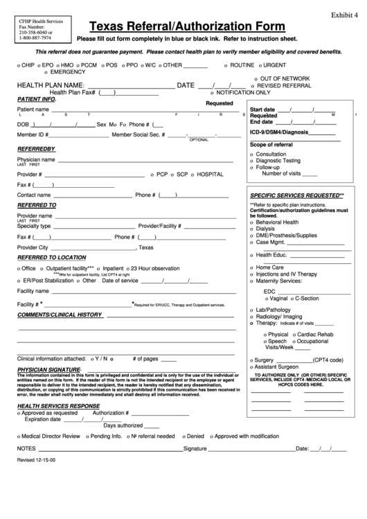 Texas Referral/authorization Form - Cfhp Health Services Printable pdf