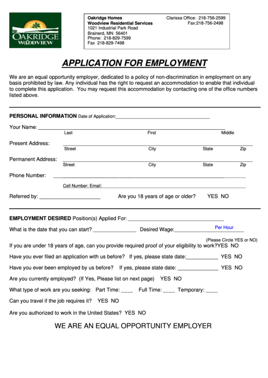 Fillable Application For Employment Form Printable pdf