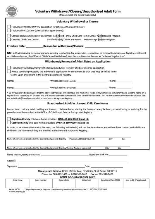 Form Lic-309 - Voluntary Withdrawal/closure/unauthorized Adult Form Printable pdf