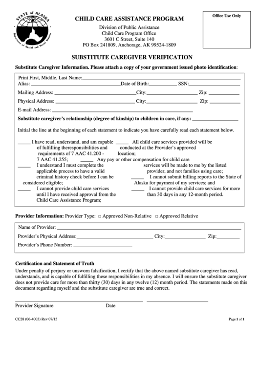 Form Cc28 - Substitute Caregiver Verification Printable pdf