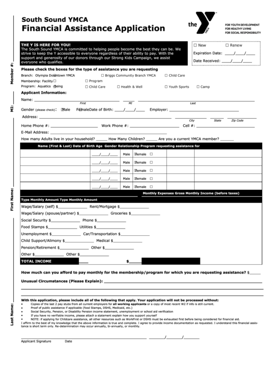 Financial Assistance Application Form - South Sound Ymca Printable pdf