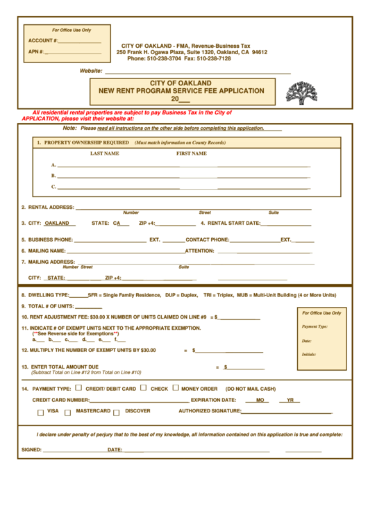 New Rent Program Service Fee Application - City Of Oakland Printable pdf