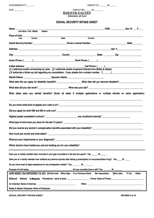 Social Security Intake Sheet Form Printable pdf