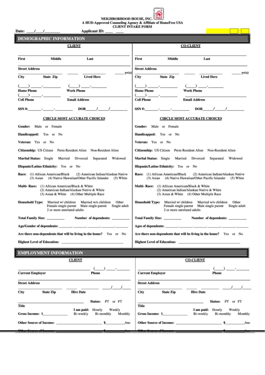 Client Intake Form Printable pdf