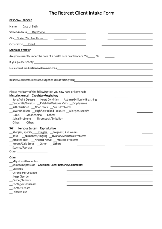 The Retreat Client Intake Form Printable pdf