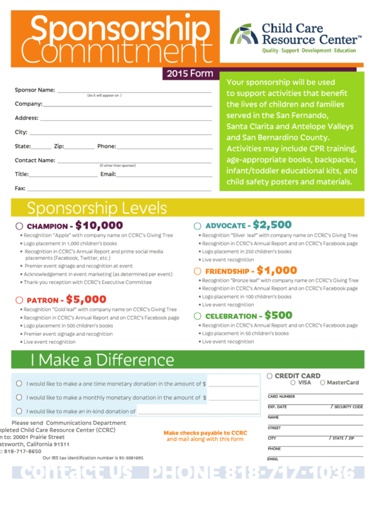 Sponsorship Commitment 2015 Form - Child Care Resource Center (Ccrc) Printable pdf