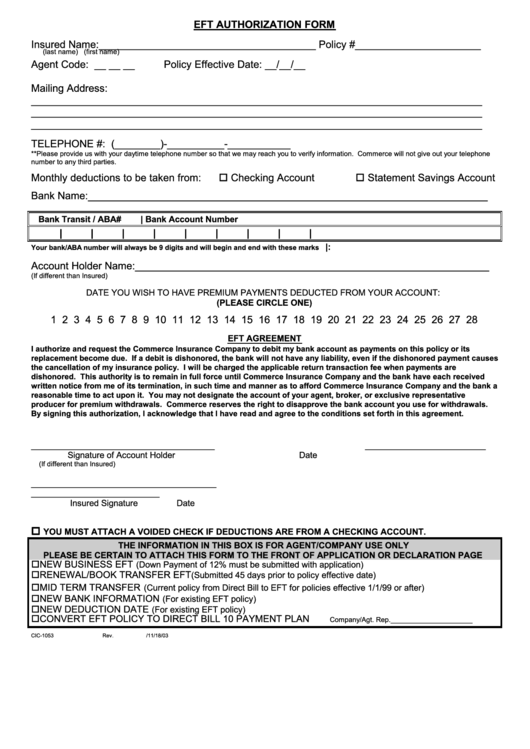 2003 Electronic Funds Transfer Authorization Form Printable pdf
