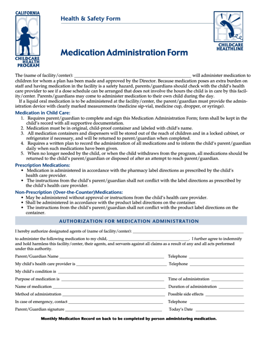 Medication Administration Form - California Childcare Health Program Printable pdf