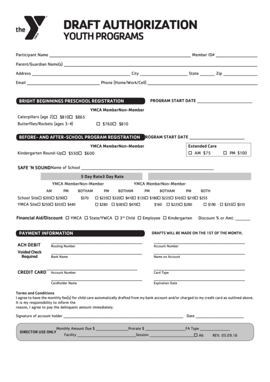 Draft Authorization Form - Youth Programs Printable pdf