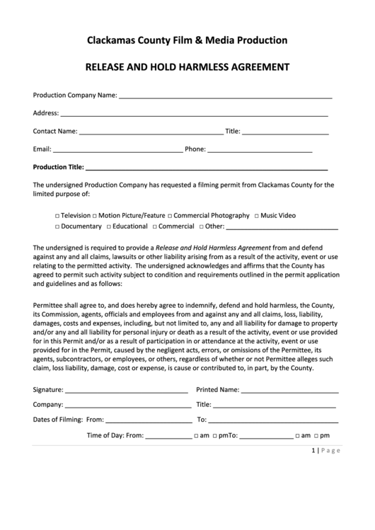 Fillable Release And Hold Harmless Agreement Template - County Of Clackamas Printable pdf