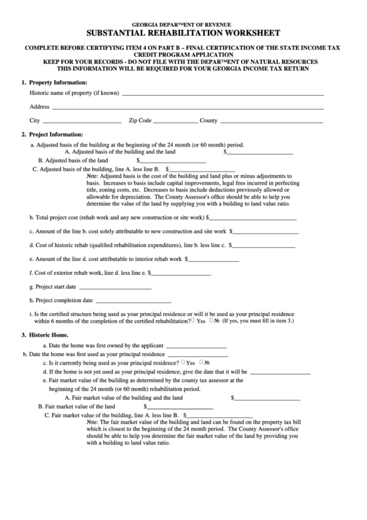 Substantial Rehabilitation Worksheet - Georgia Department Of Revenue Printable pdf