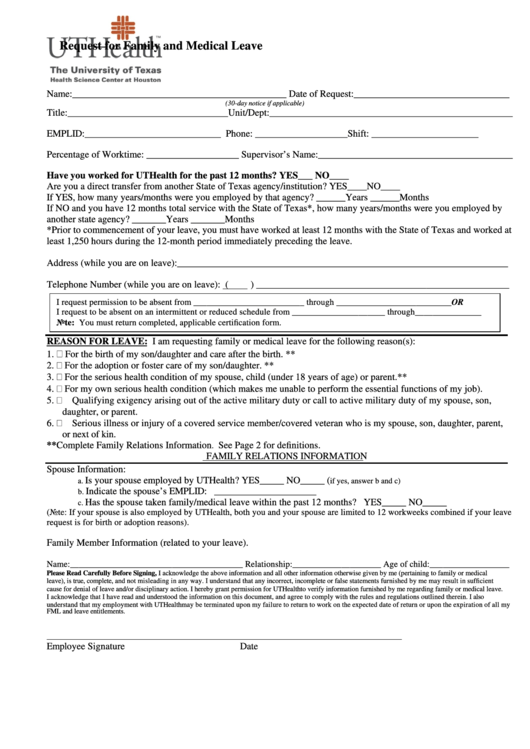 Fillable Uthealth Request For Family And Medical Leave Form Printable pdf
