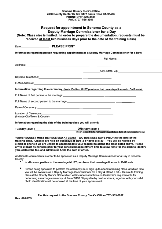 Fillable Application Form For Deputy Marriage Commissioner For A Day Printable pdf