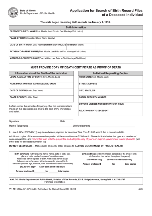 Fillable Form Vr 181 - Application Form For Search Of Birth Record Files Of A Deceased Individual Printable pdf