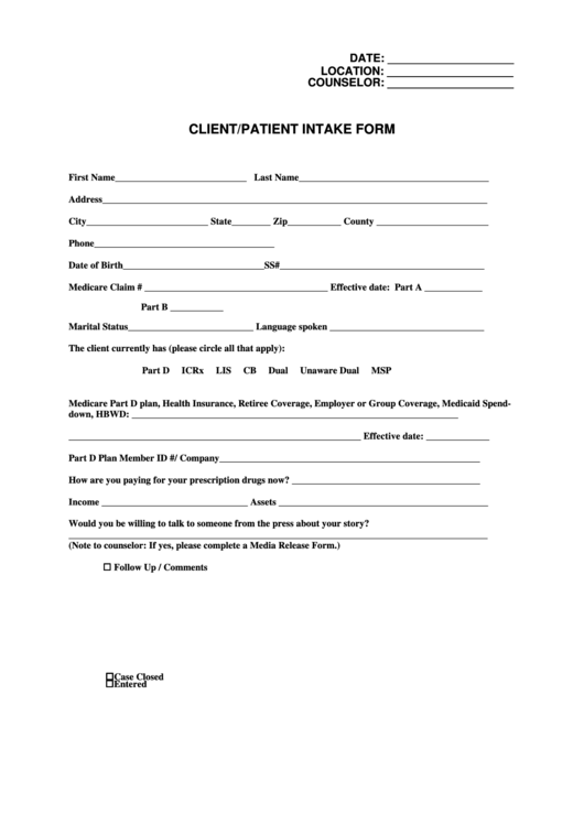 Client/patient Intake Form Printable pdf
