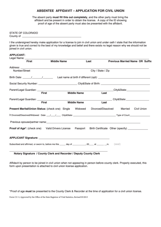 Fillable Form Cu-3 Absentee Affidavit - Application Form For Civil Union -2013 Printable pdf