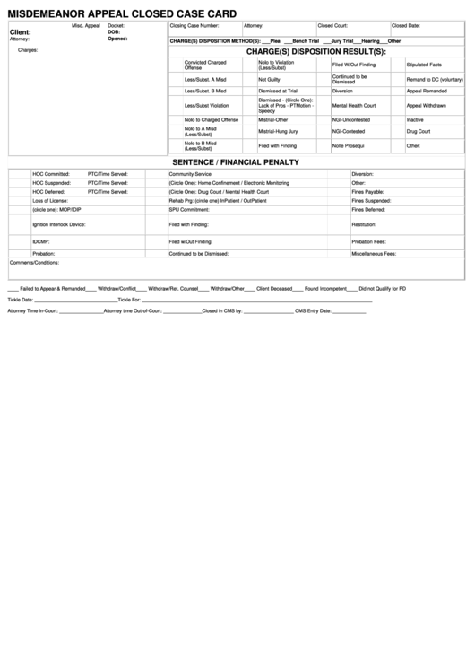 Misdemeanor Appeal Closed Case Card Form Printable pdf