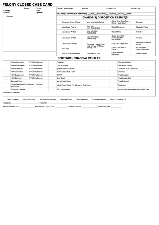 Felony Closed Case Card Form Printable pdf