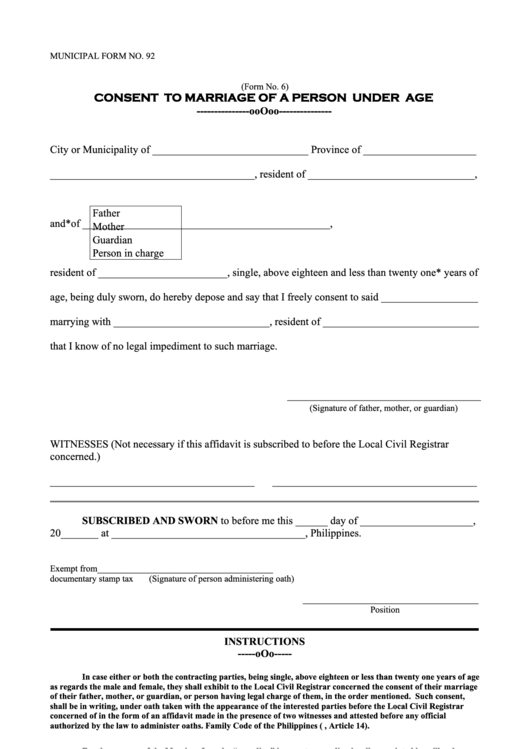 Municipal Form 92 Consent To Marriage Of A Person Under Age Printable pdf