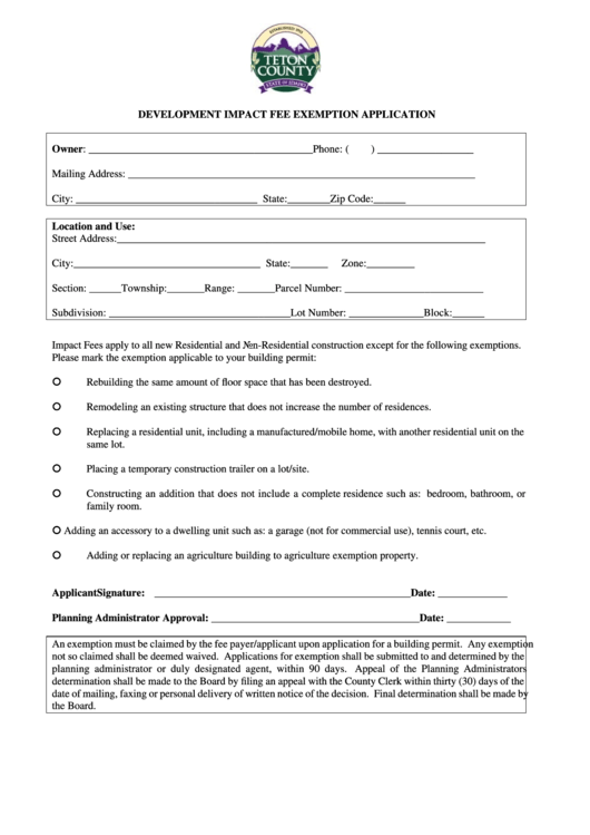 Development Impact Fee Exemption Application Form - Teton County, Idaho Printable pdf