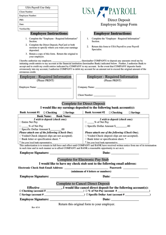 Direct Deposit Date: Employee Signup Form Printable pdf