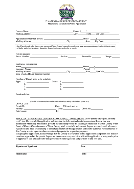 Mechanical Installation Permit Application Form - Planning And Building Department, Teton County, Idaho Printable pdf