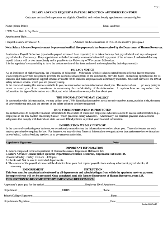 Salary Advance Request And Payroll Deduction Authorization Form Printable pdf