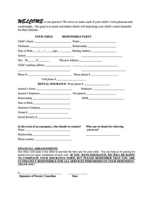 Dental Patient Intake Form Printable pdf